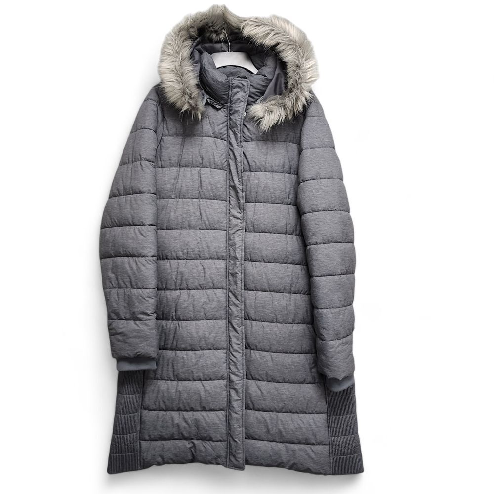 Women's Gray Quilted Long Puffer Coat with Faux Fur Hood